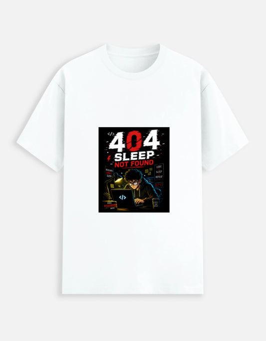 White unisex stretch t-shirt with bold 404 Sleep Not Found cyberpunk programmer graphic print featuring dark coder illustration with red and white typography and Code Sleep Repeat elements