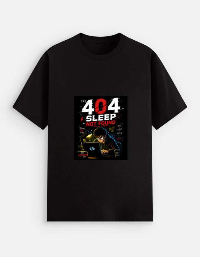 Black unisex stretch t-shirt with bold 404 Sleep Not Found cyberpunk programmer graphic print featuring dark coder illustration with red and white typography and Code Sleep Repeat elements
