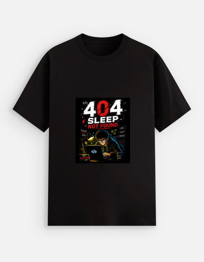 Black unisex stretch t-shirt with bold 404 Sleep Not Found cyberpunk programmer graphic print featuring dark coder illustration with red and white typography and Code Sleep Repeat elements