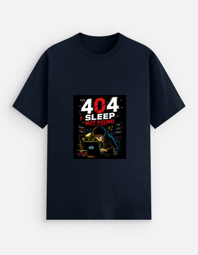 Navy Blue unisex stretch t-shirt with bold 404 Sleep Not Found cyberpunk programmer graphic print featuring dark coder illustration with red and white typography and Code Sleep Repeat elements