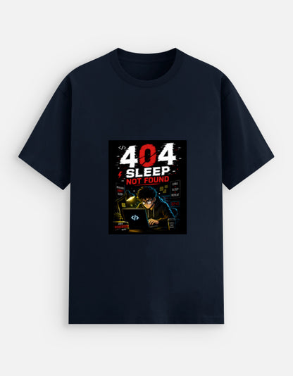 Navy Blue unisex stretch t-shirt with bold 404 Sleep Not Found cyberpunk programmer graphic print featuring dark coder illustration with red and white typography and Code Sleep Repeat elements