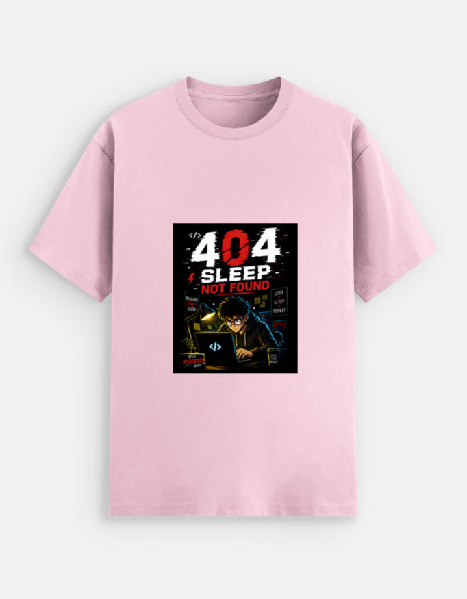 Light Baby Pink unisex stretch t-shirt with bold 404 Sleep Not Found cyberpunk programmer graphic print featuring dark coder illustration with red and white typography and Code Sleep Repeat elements