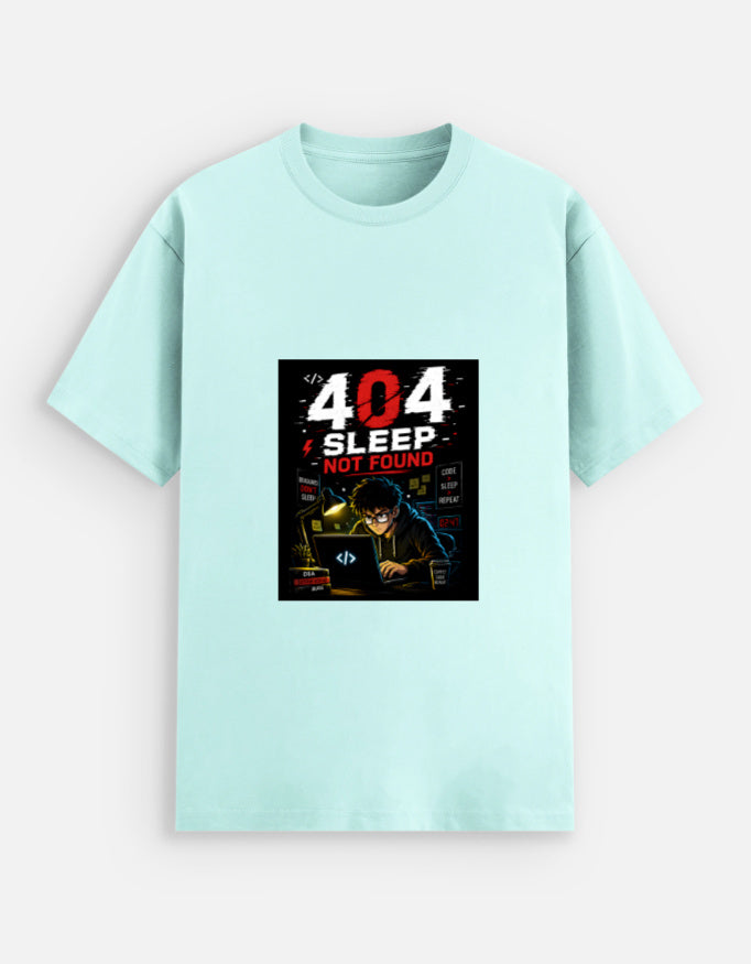 Mint unisex stretch t-shirt with bold 404 Sleep Not Found cyberpunk programmer graphic print featuring dark coder illustration with red and white typography and Code Sleep Repeat elements