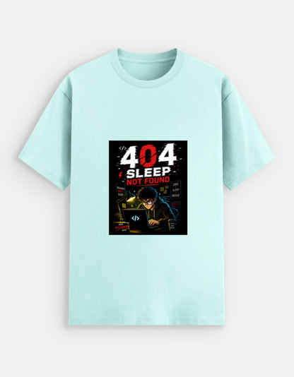 Mint unisex stretch t-shirt with bold 404 Sleep Not Found cyberpunk programmer graphic print featuring dark coder illustration with red and white typography and Code Sleep Repeat elements