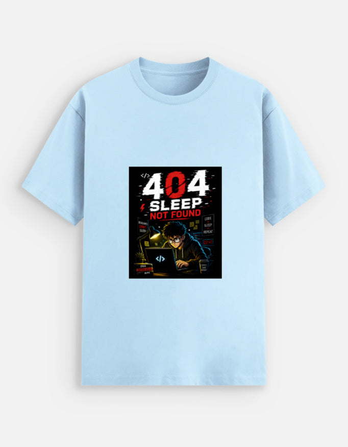 Baby Blue unisex stretch t-shirt with bold 404 Sleep Not Found cyberpunk programmer graphic print featuring dark coder illustration with red and white typography and Code Sleep Repeat elements