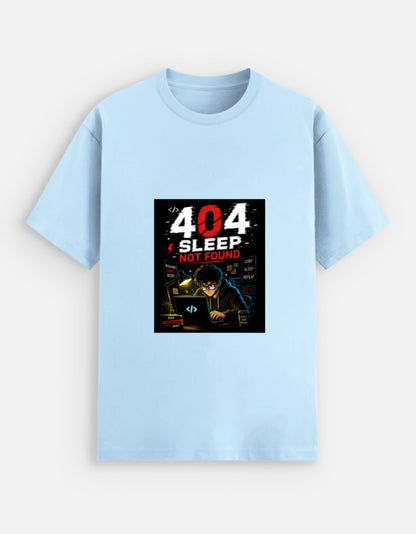 Baby Blue unisex stretch t-shirt with bold 404 Sleep Not Found cyberpunk programmer graphic print featuring dark coder illustration with red and white typography and Code Sleep Repeat elements