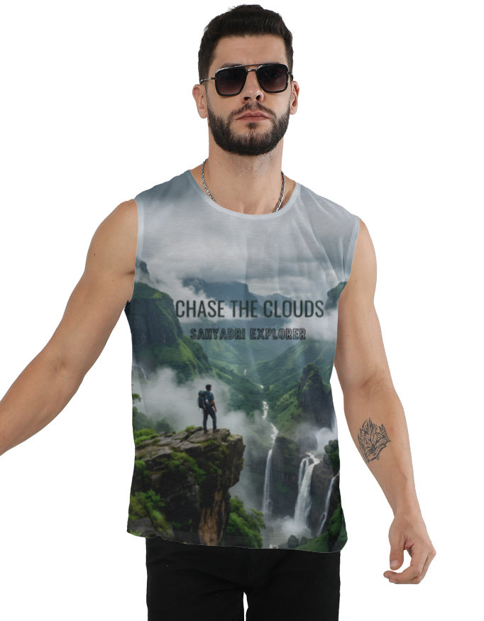 Sahyadri Explorer AOP sleeveless tee men white all over print trekking vest India
