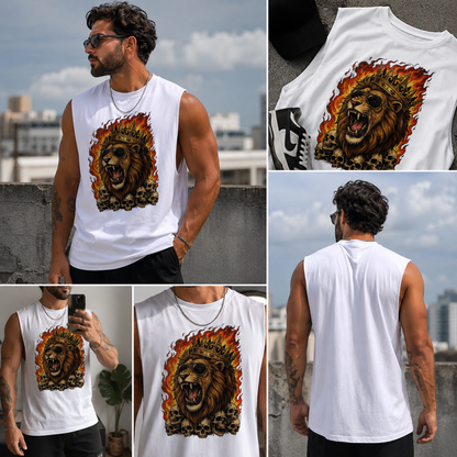 Roaring Lion King Sleeveless T-Shirt for Men | Flaming Skull Graphic Cotton Gym Tank | Streetwear Muscle Tee